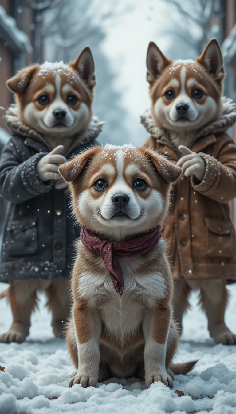 Cachorro antropomórfico acosado en una calle nevada de invierno