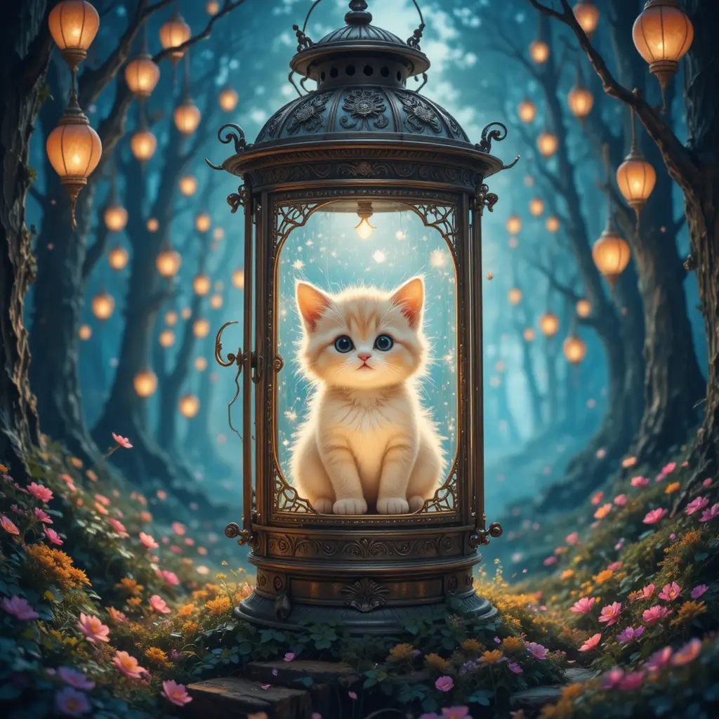 Chaton lumineux dans une lanterne dans une clairière de forêt magique