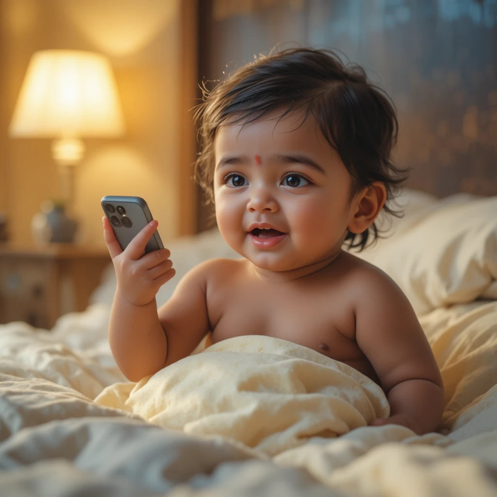 Cute baby on bed talking angrily on mobile phone