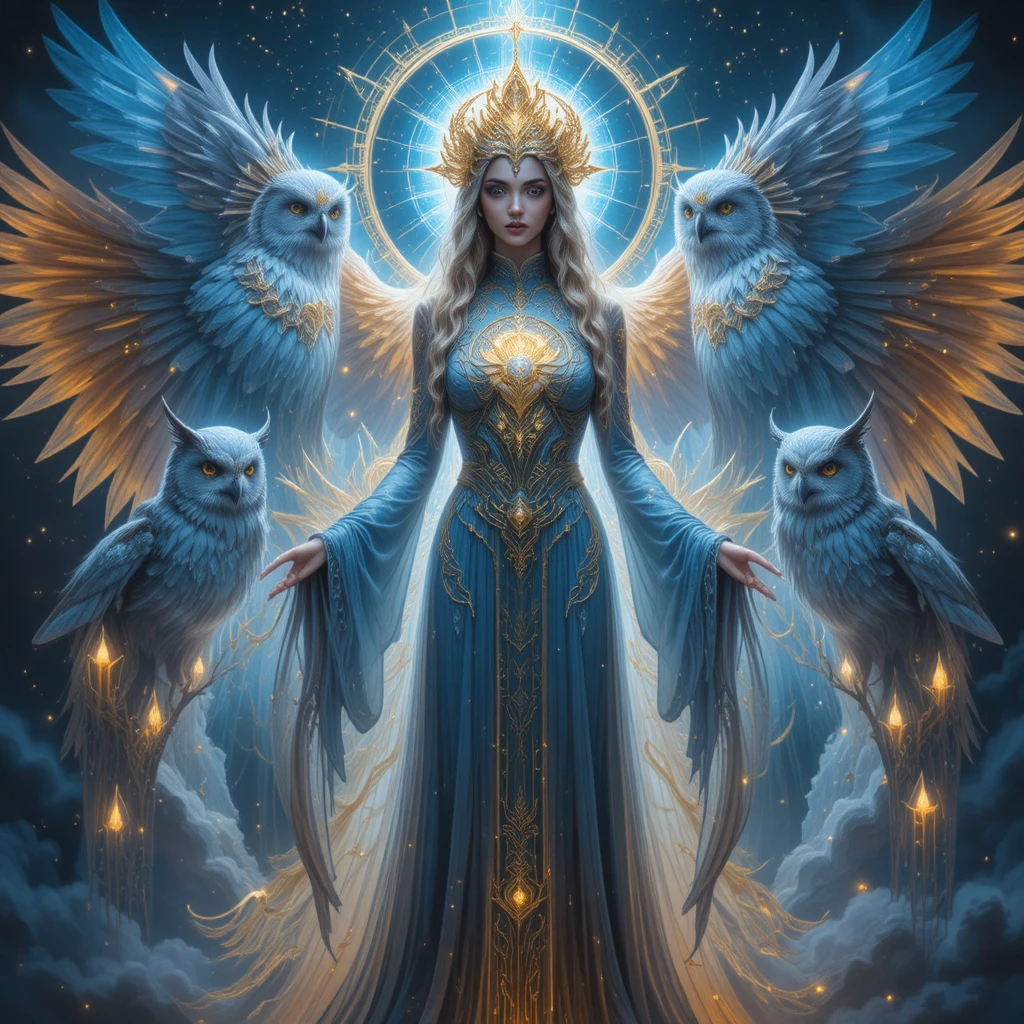 Goddess figure with crystal owls as guardians of wisdom
