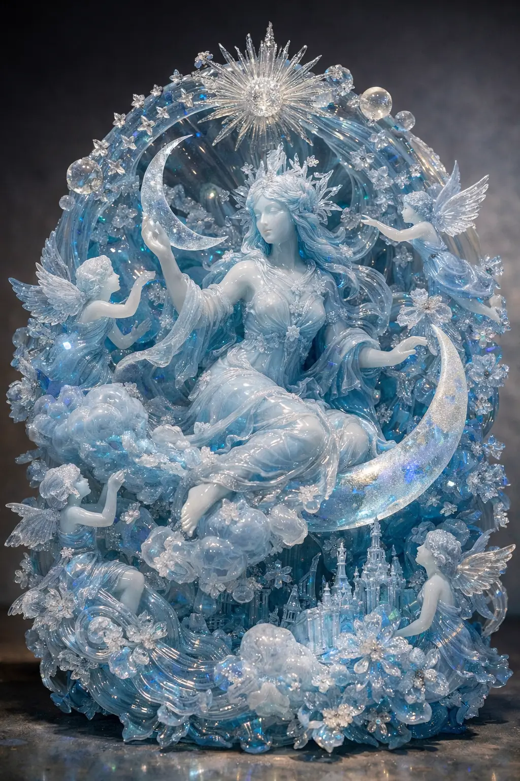 Celestial glass sculpture bathed in prismatic mystical light
