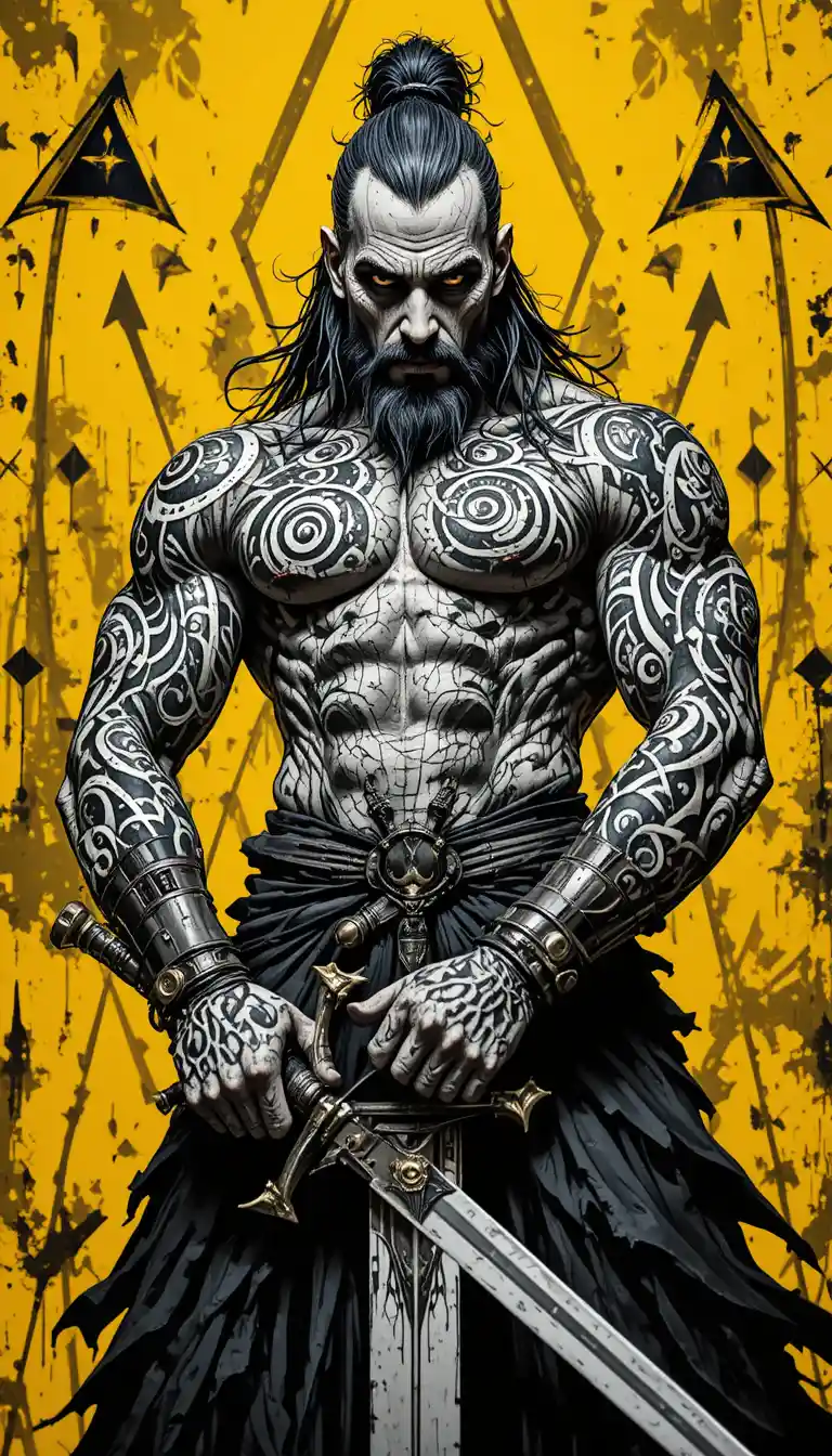 Dark fantasy warrior with sword against sharp yellow backdrop