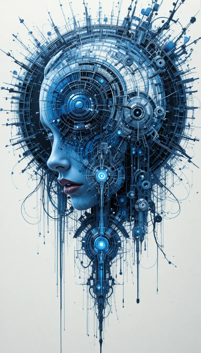 Abstract blue tech interface with mystical sci fi elements