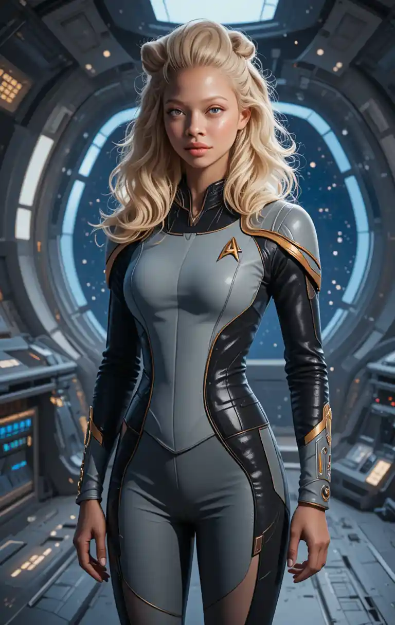 Confident female officer on a starship bridge in space