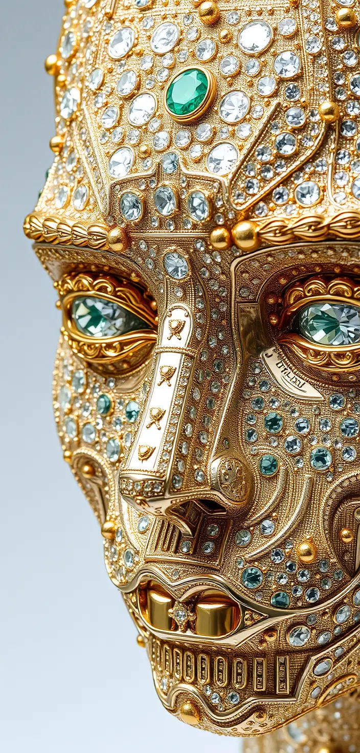 Sculpture luxueuse de visage humain serti de bijoux en or étincelant