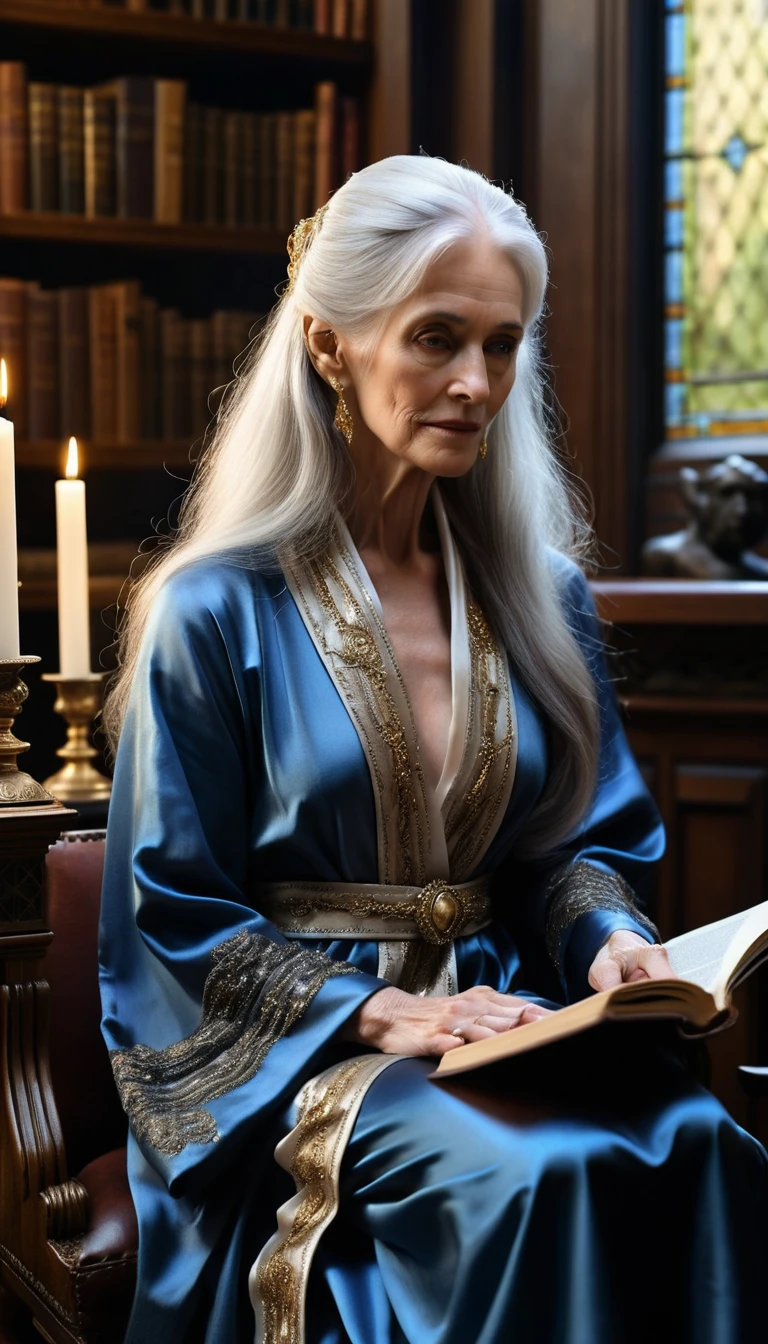 Mujer mayor elegante en interior de biblioteca a la luz de las velas