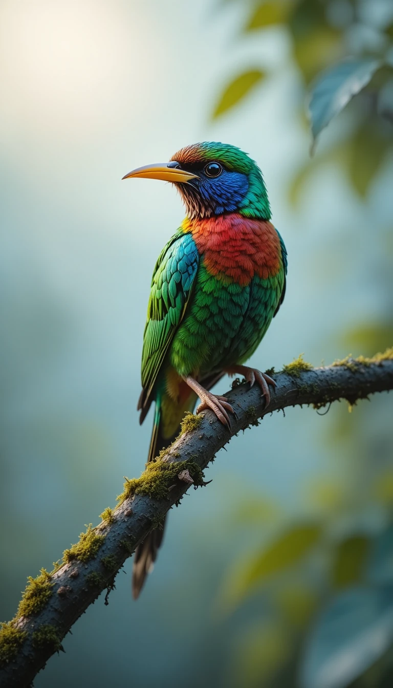 Pássaro canoro colorido em um galho coberto de musgo ao amanhecer