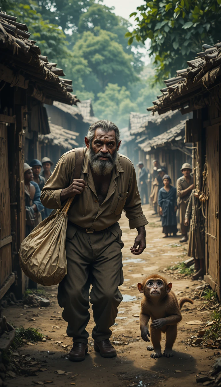 Suspicious man entering village staring greedily at two monkeys