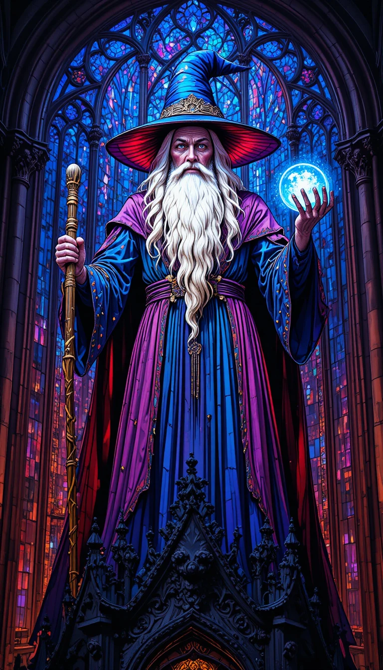 Stained Glass Wizard Above A Gothic Cathedral At Night