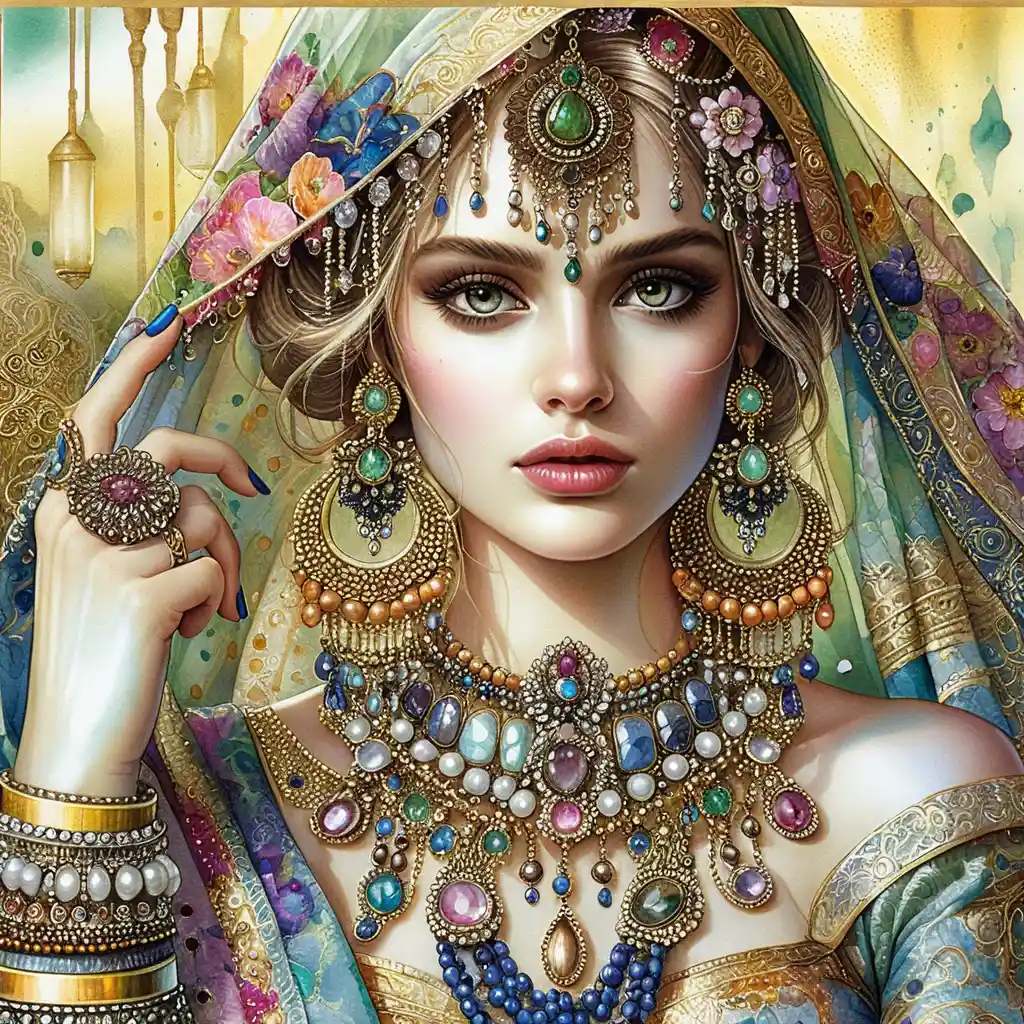 Mystical veiled girl portrait with ornate jeweled headpiece
