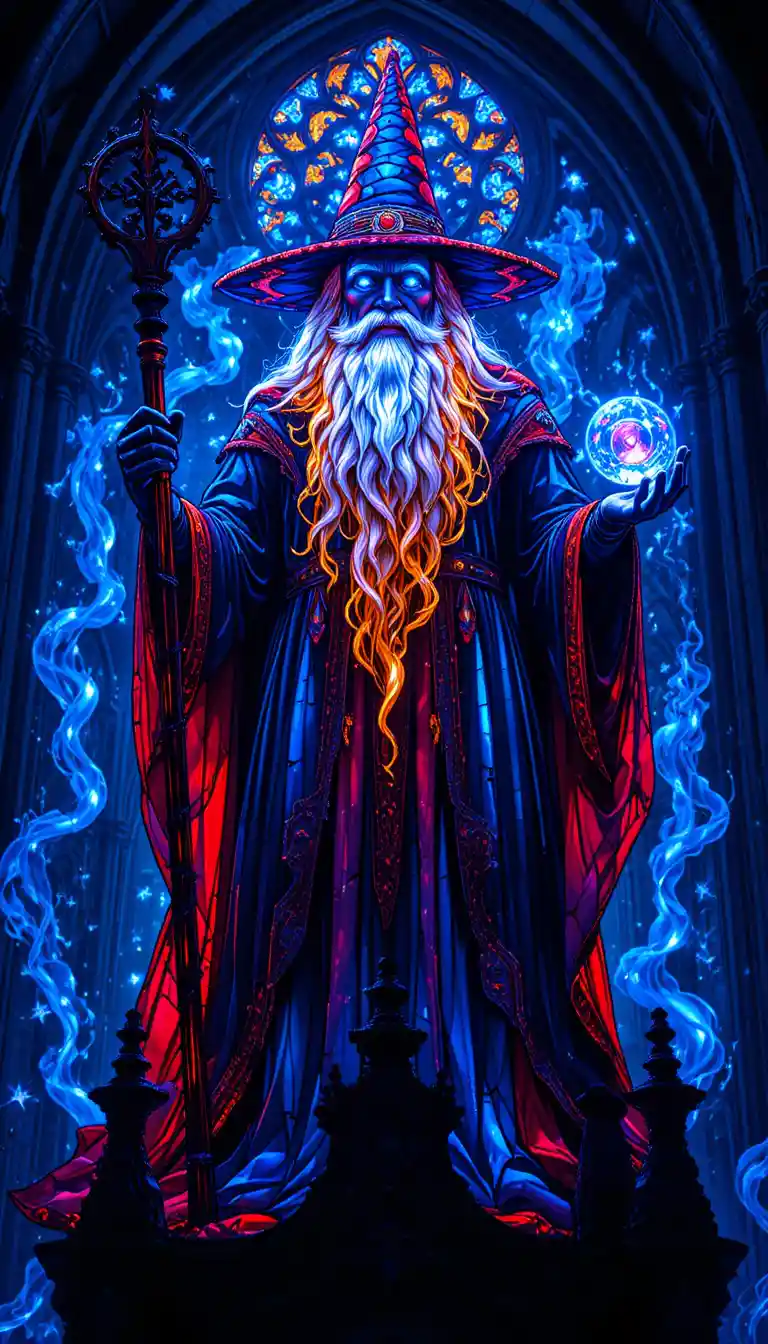 Stained glass wizard above a towering gothic cathedral