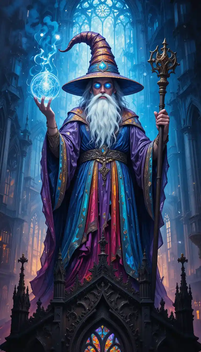 Stained glass wizard above a grand gothic cathedral