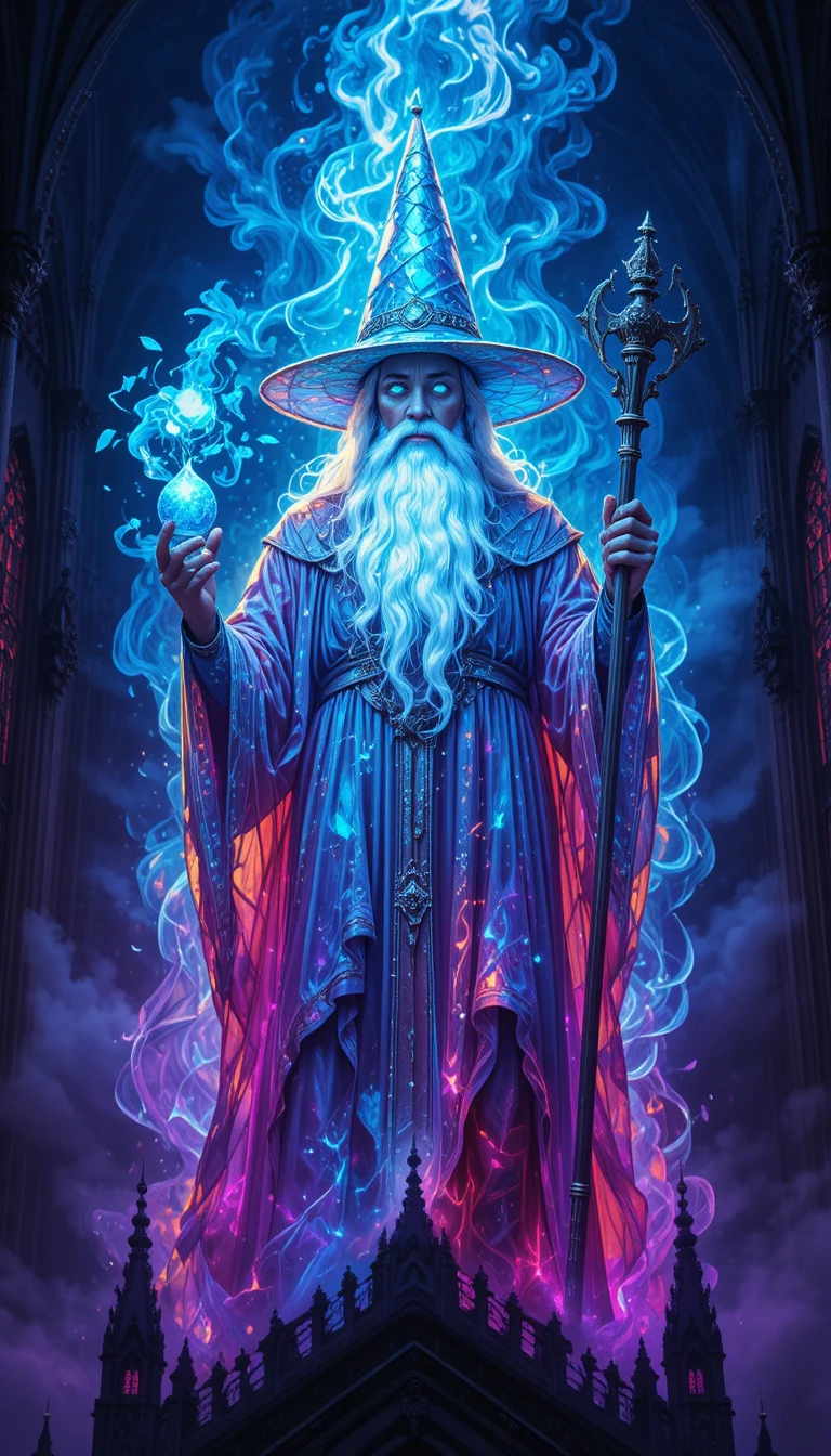 Stained glass wizard atop a gothic cathedral
