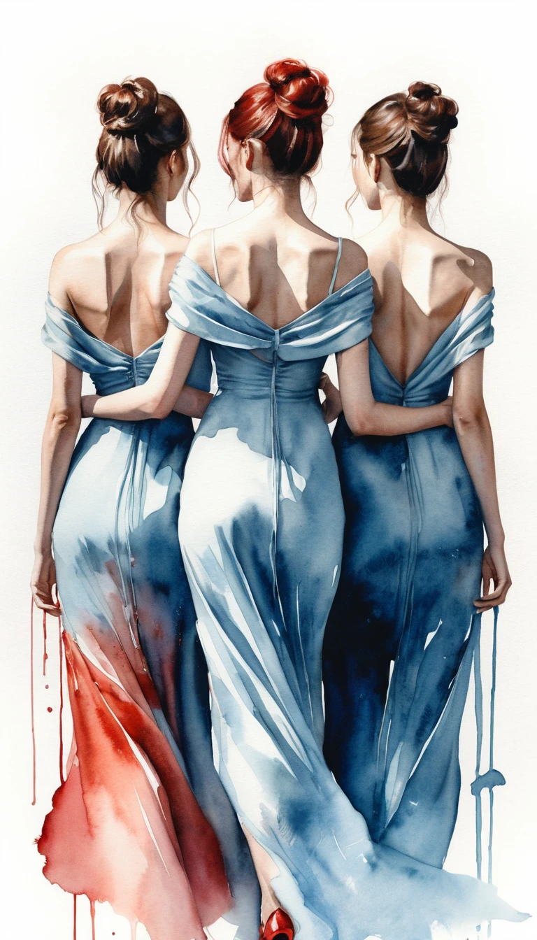 Three dancing women in blue dresses with dripping paint