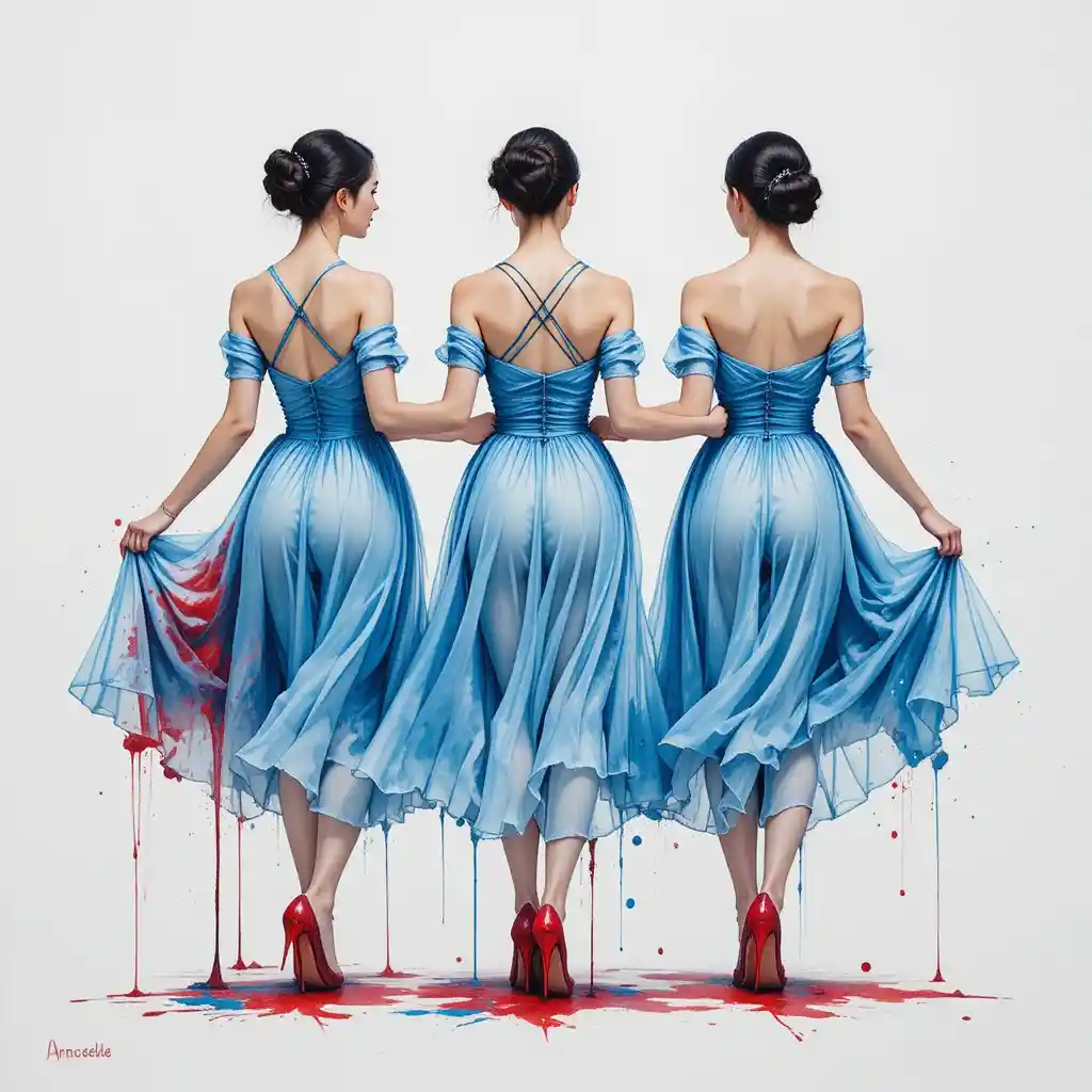 Three dancing women in flowing blue dresses and red paint