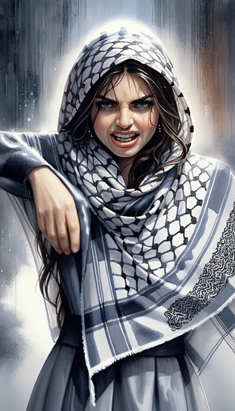 Young woman in keffiyeh looking up through colorful rain
