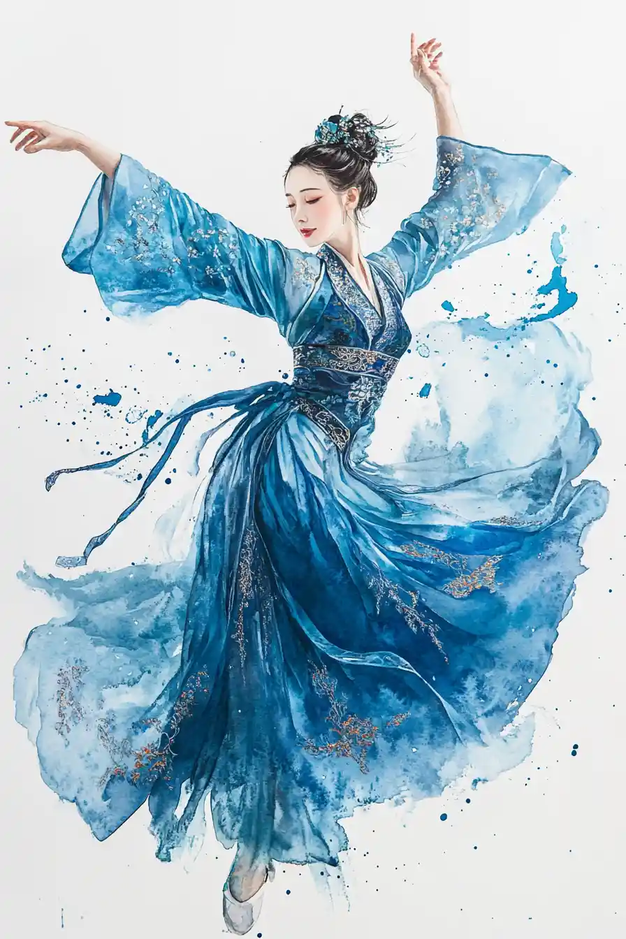 Graceful Asian dancer in flowing blue hanfu watercolor