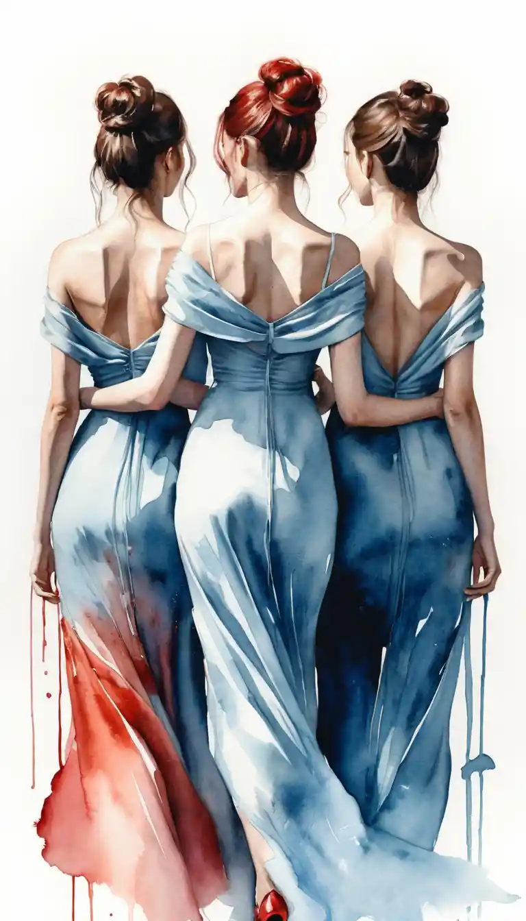 Three dancing women in blue dresses with dripping paint