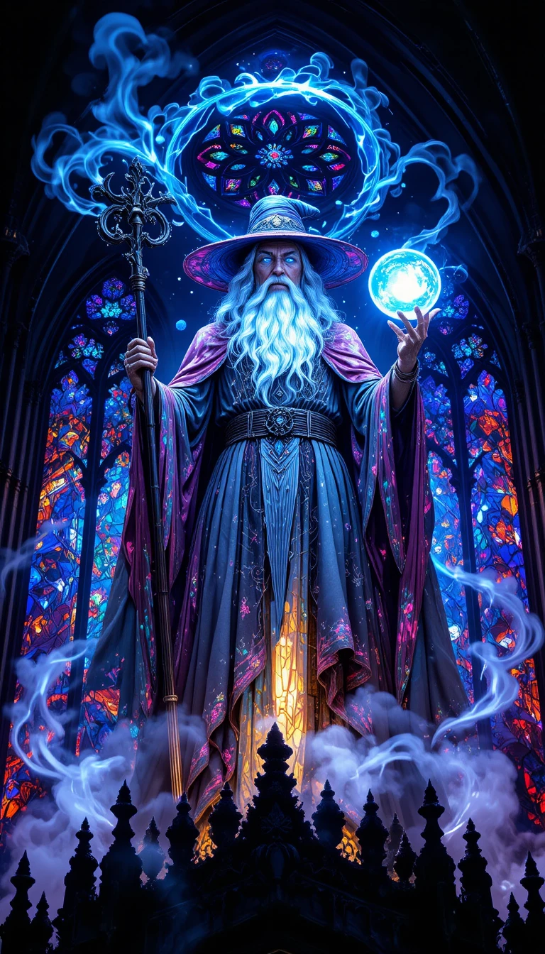Stained glass wizard atop a gothic cathedral at night