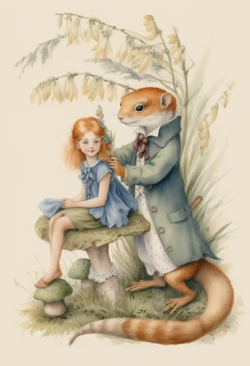 Fairy hairdressing scene on a mushroom in an enchanted glade