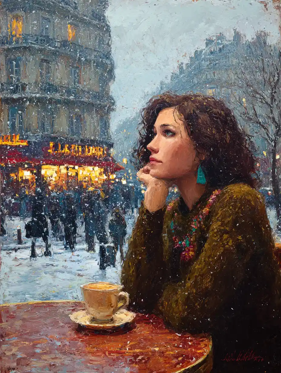 Pensive young woman in a snowy Parisian cafe painting