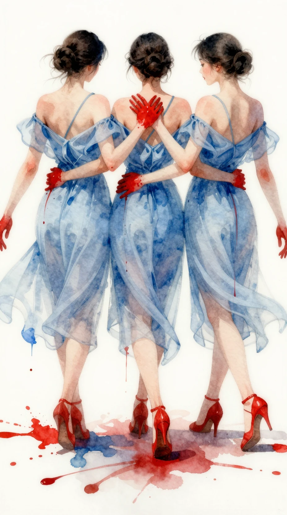 Trois femmes en robes bleues fluides reliées comme une chaîne en aquarelle