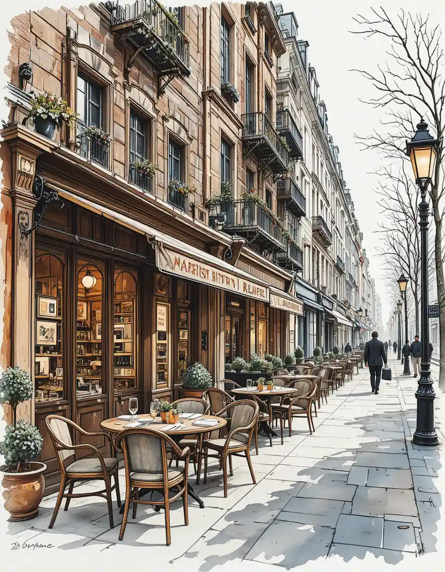 Cozy Paris café terrace on a detailed urban street