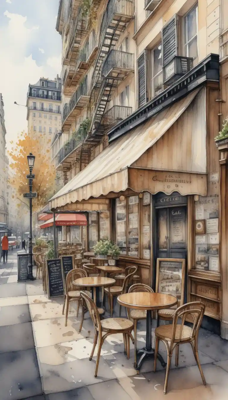 Pariser Straßencafé – Architektur-Aquarell und Tintenillustration