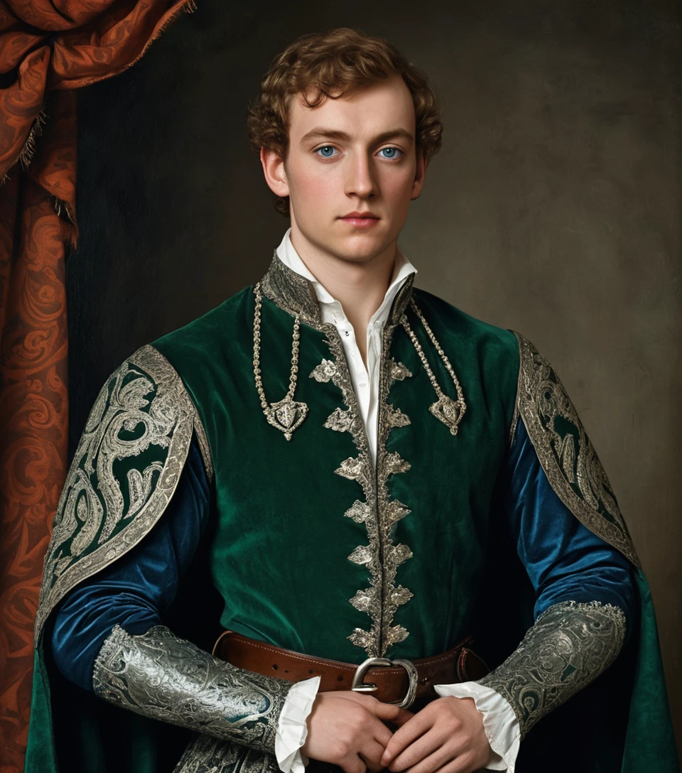 Giovane lord scozzese con farsetto blu e mantello di velluto verde