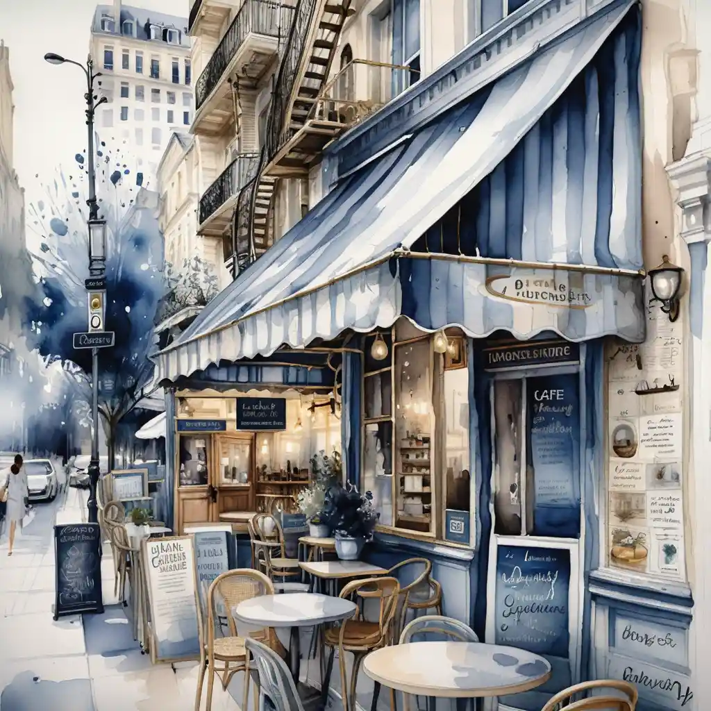 Pariser Straßencafé mit detaillierter architektonischer Illustration