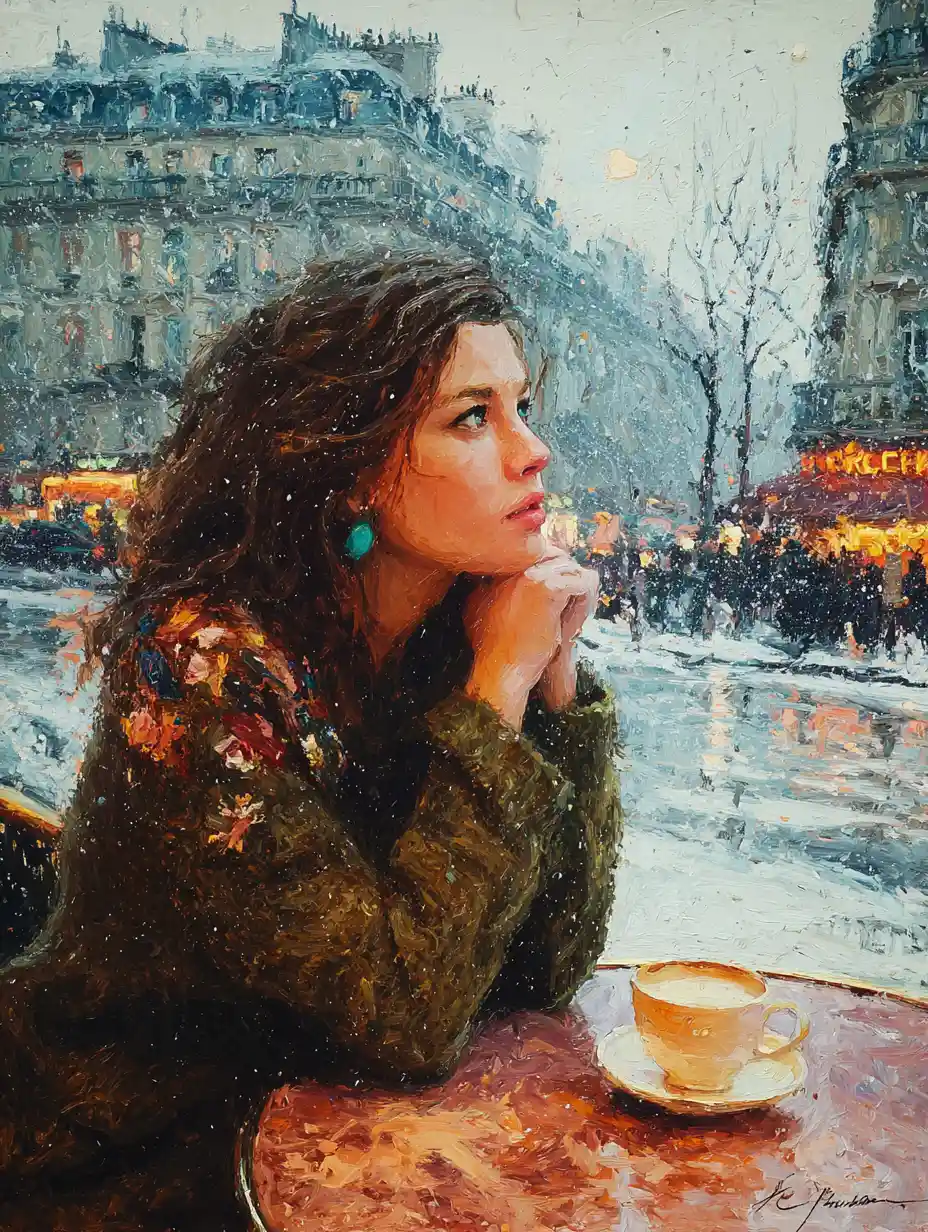 Pensive young woman in a snowy Parisian cafe painting