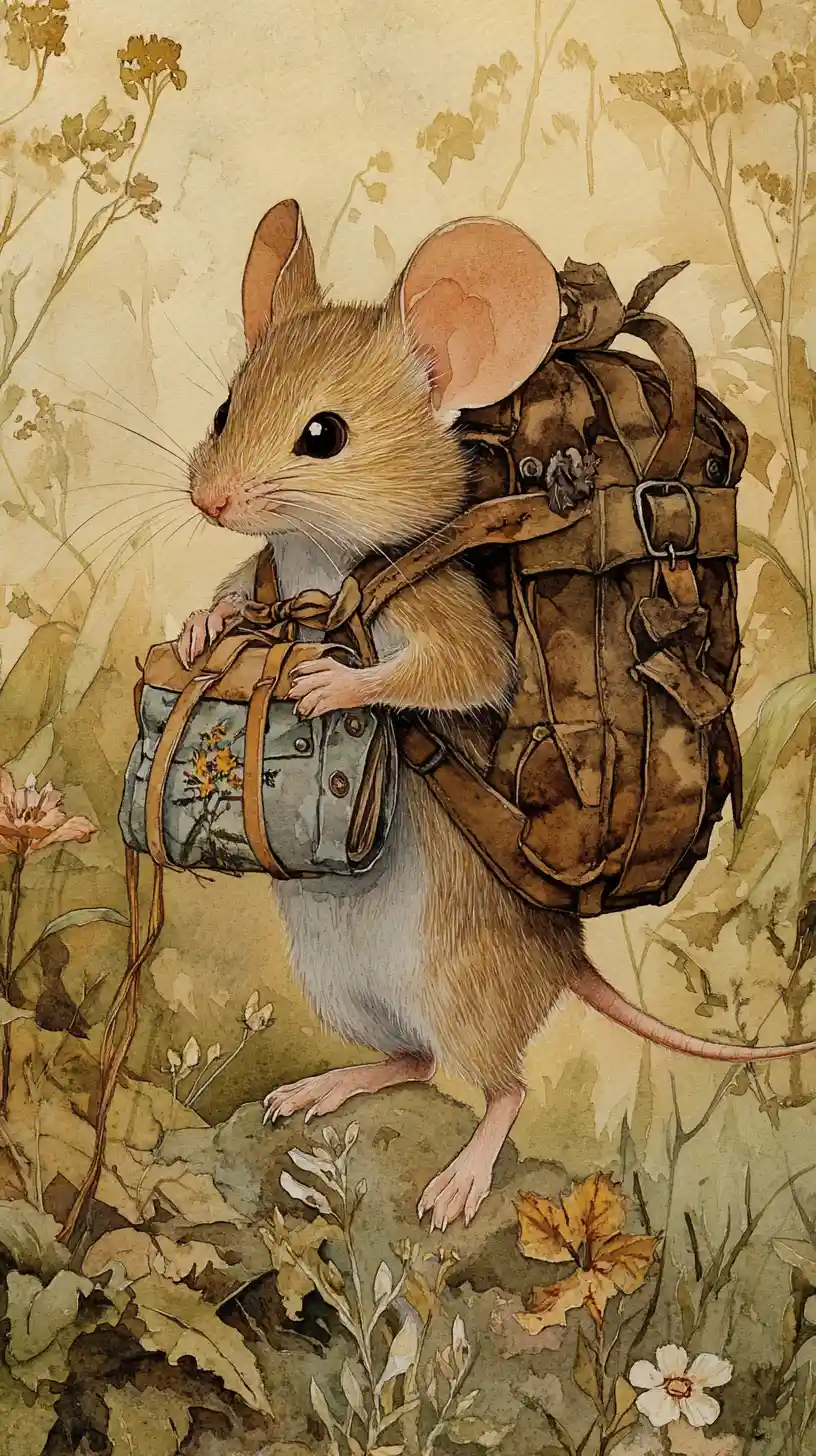 Watercolor mouse merchant walking through rustic countryside