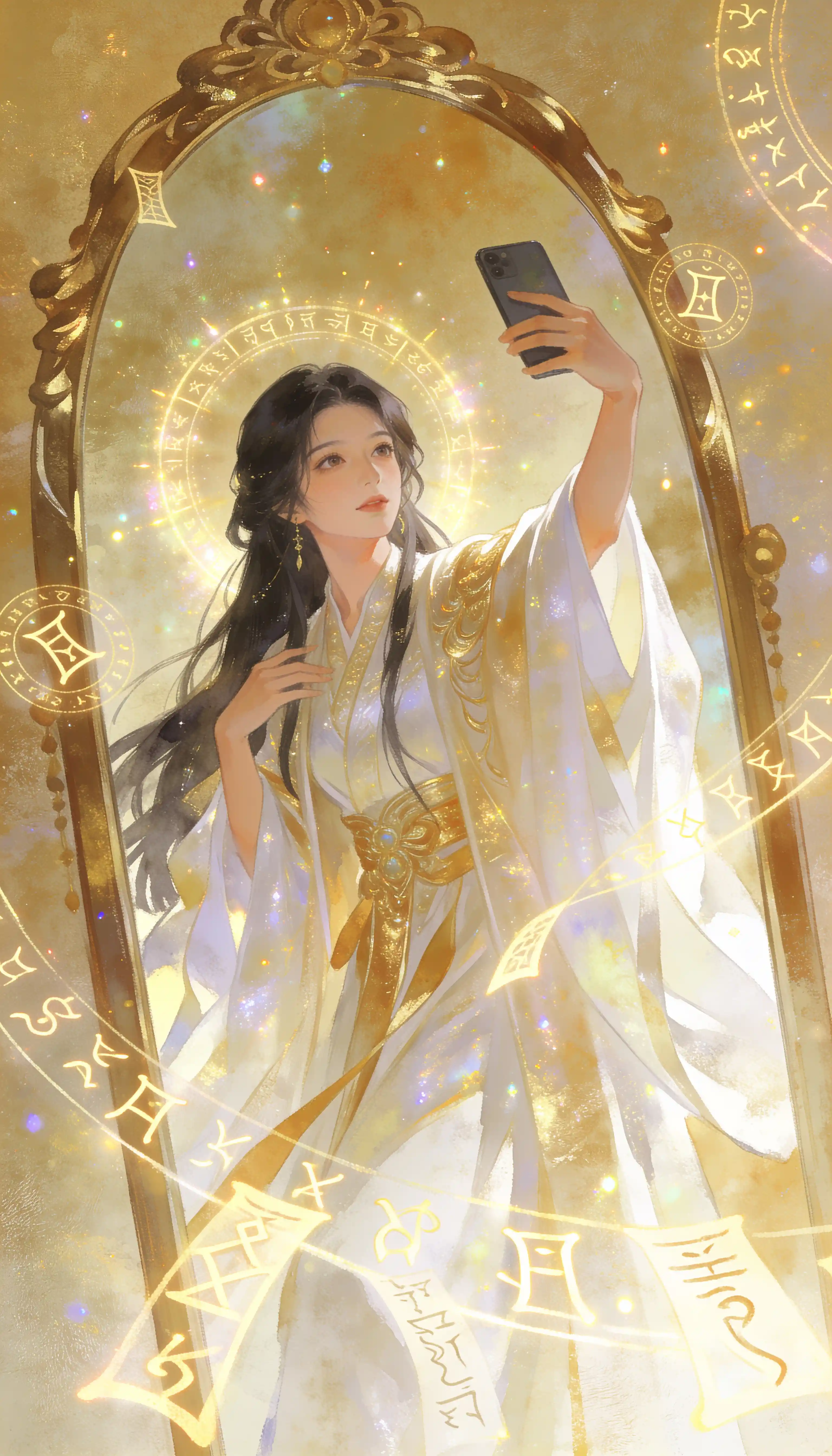 East Asian woman taking a mystical mirror style fantasy selfie