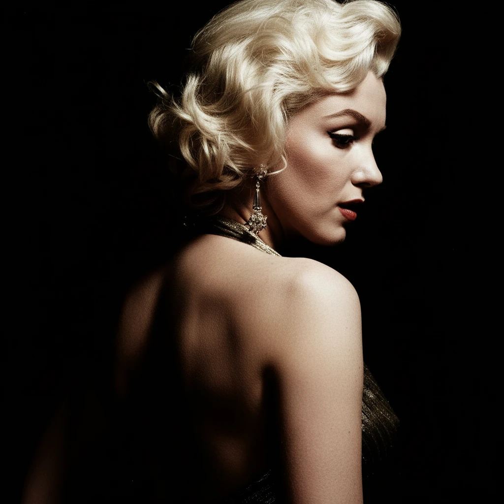 Dramatic rim lit female profile in a gold dress