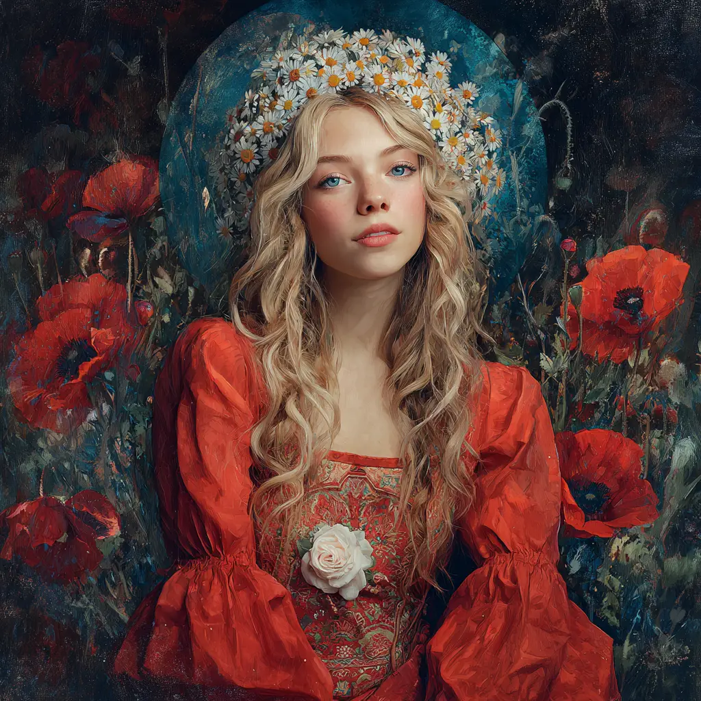 Joyful blonde girl portrait with floral watercolor background