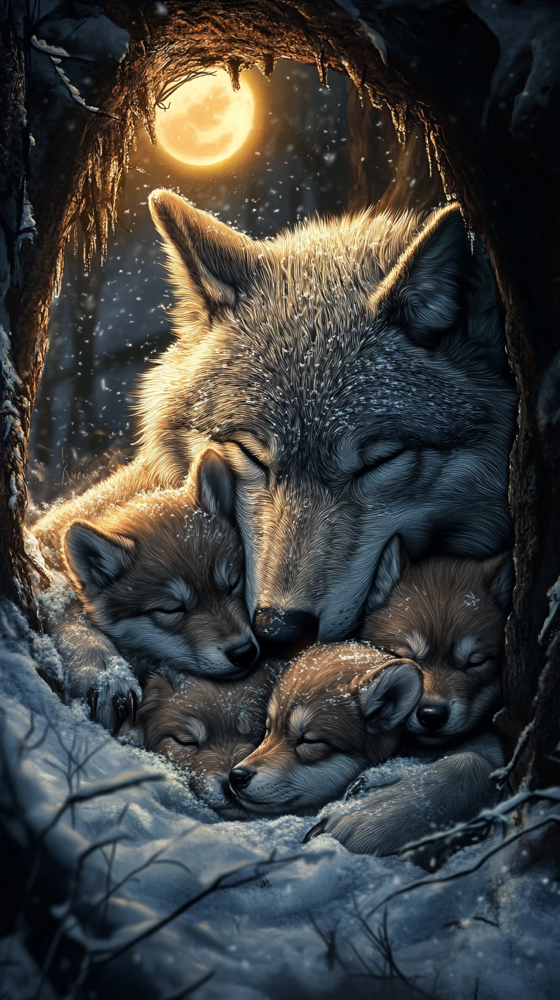 Schlafende Wolfsfamilie, die in einer mondbeschienenen Winterhöhle kuschelt