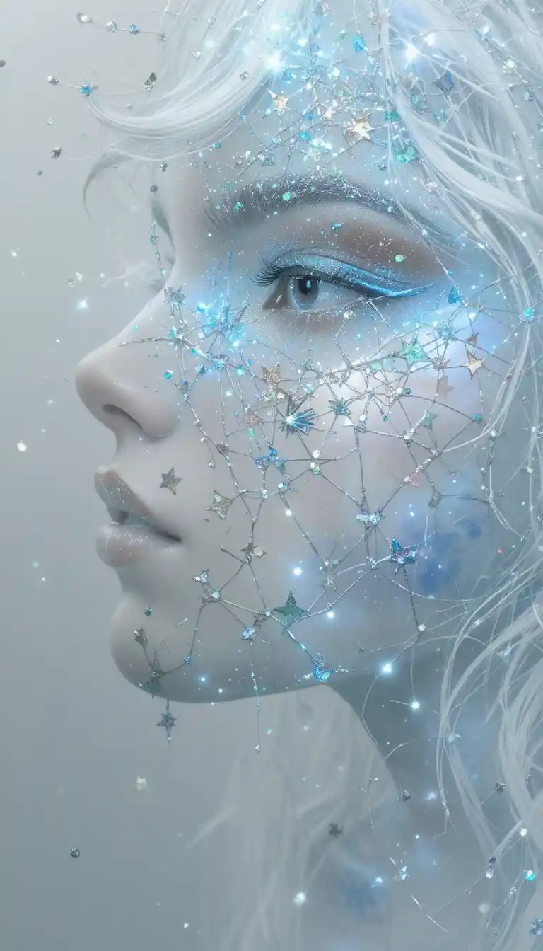 Neon close up girl portrait with crystal blue space background