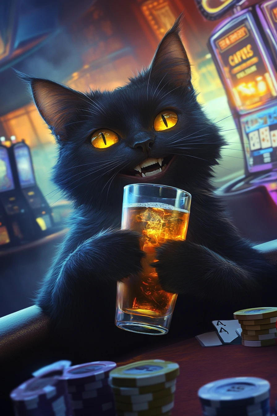 Anthropomorphic black cat gentleman with liquor in casino