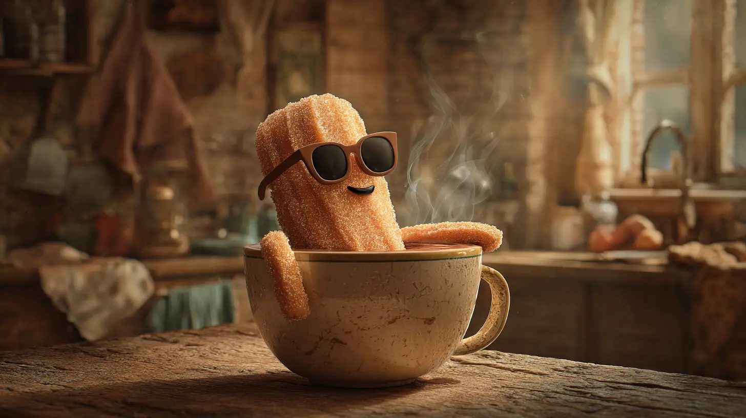 Cool churro relaxing in a cup of hot chocolate