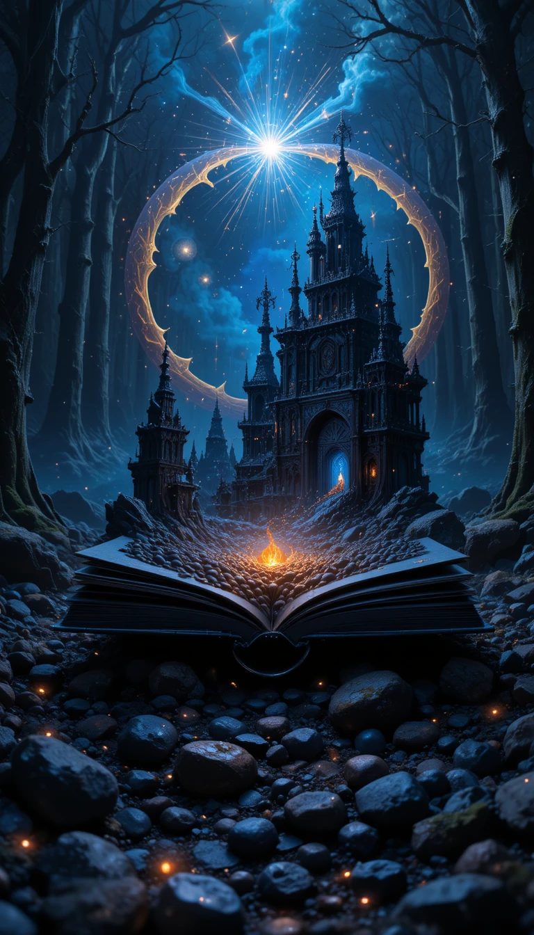 Surreal glowing book in a dark abstract forest space