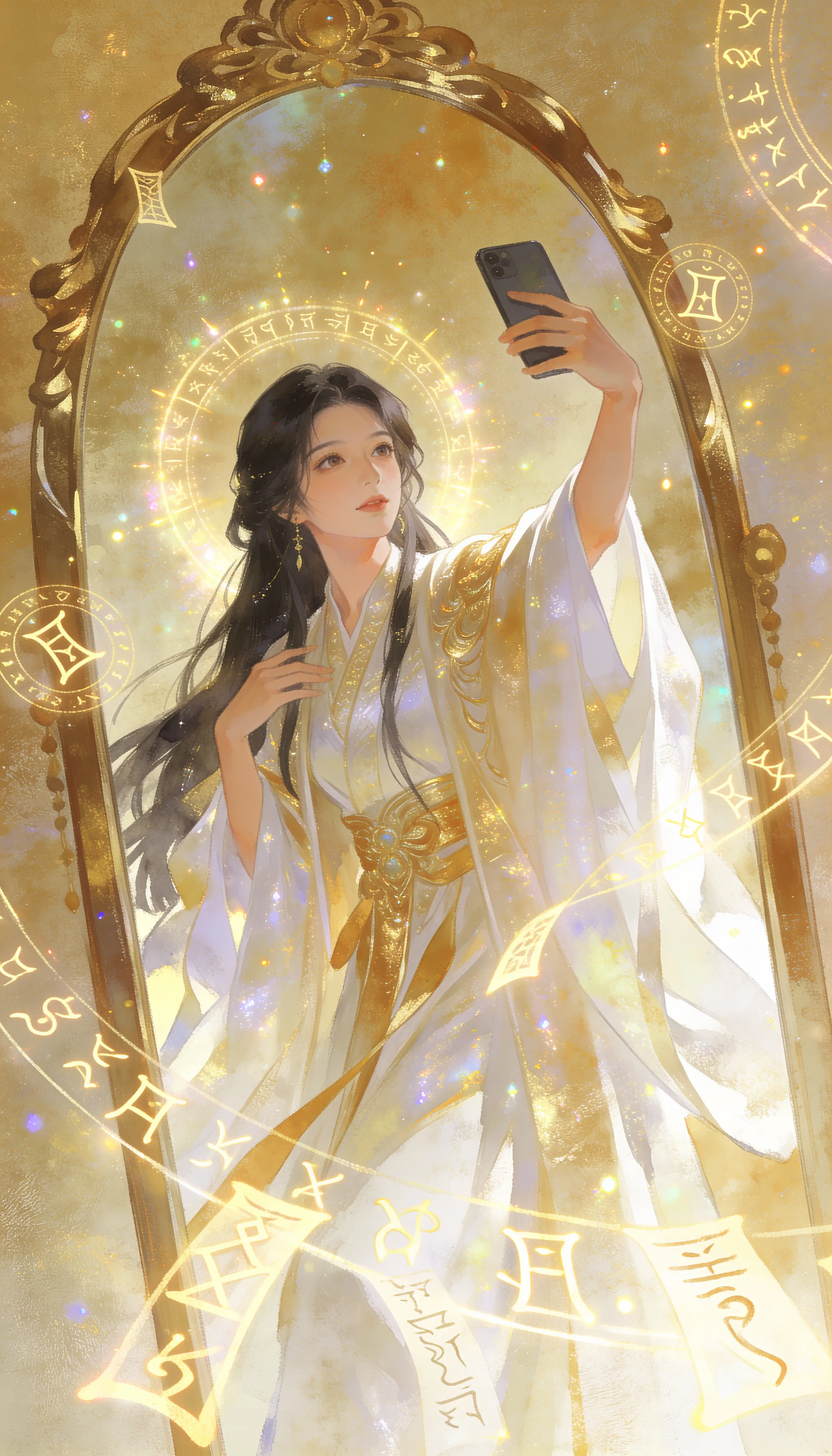 East Asian woman taking a mystical mirror style fantasy selfie