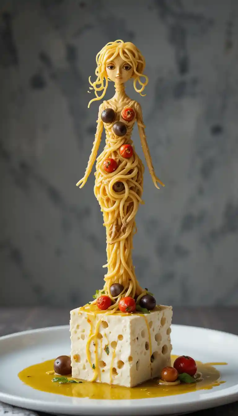 Spaghetti figure with olives and tomatoes on feta cheese
