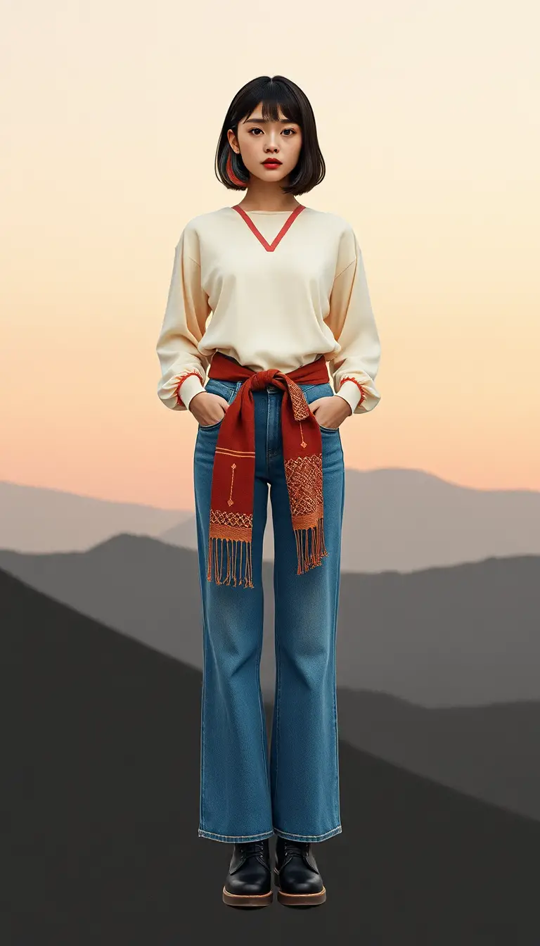 Modern hanbok fashion woman in surreal dreamy landscape