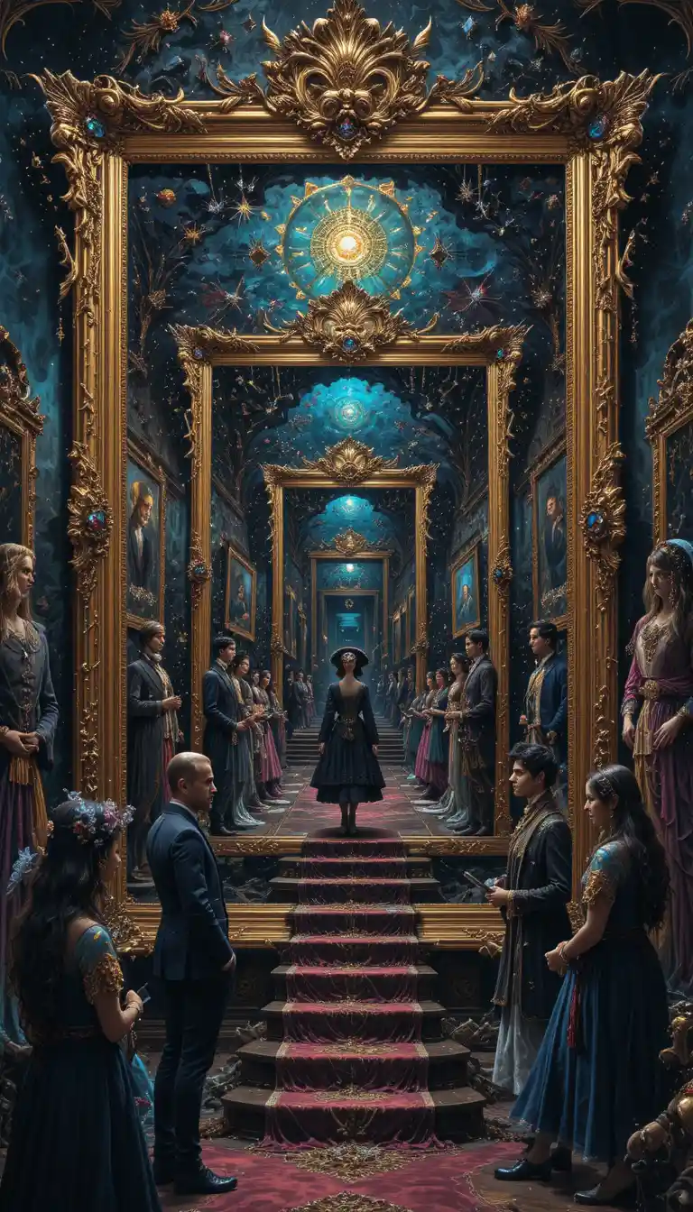 Surreal girl emerging from sparkling fantasy paintings