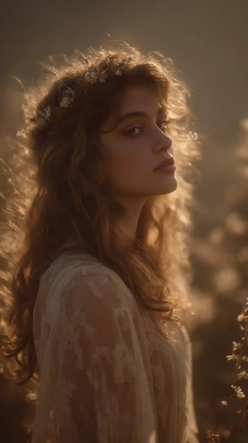 Ethereal young woman in warm nostalgic sunset glow