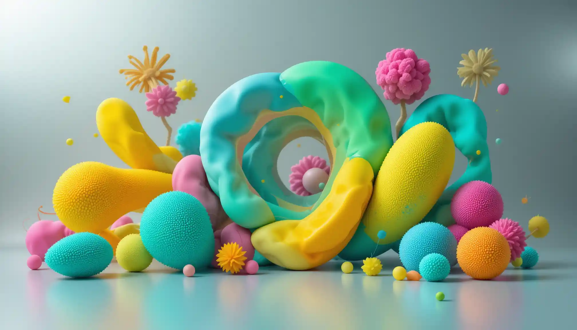 Abstract 3D organic forms in vibrant neon colors