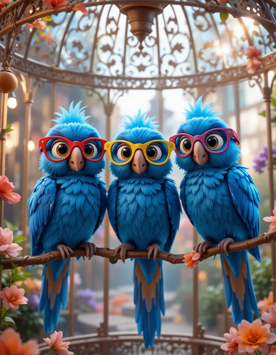 Three playful 3D parrots with colorful glasses in a cage