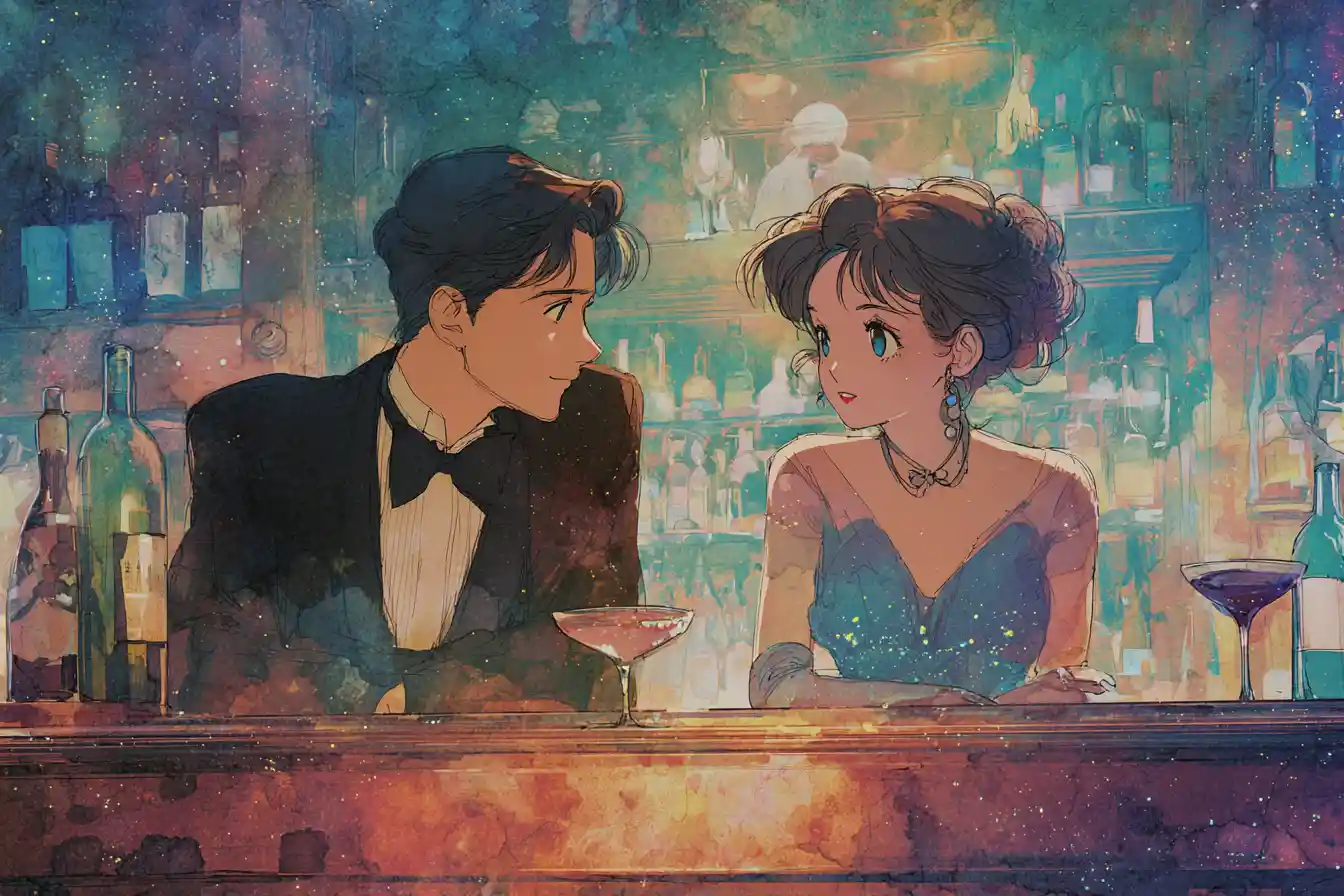 Anime couple sharing a first glance across a bar