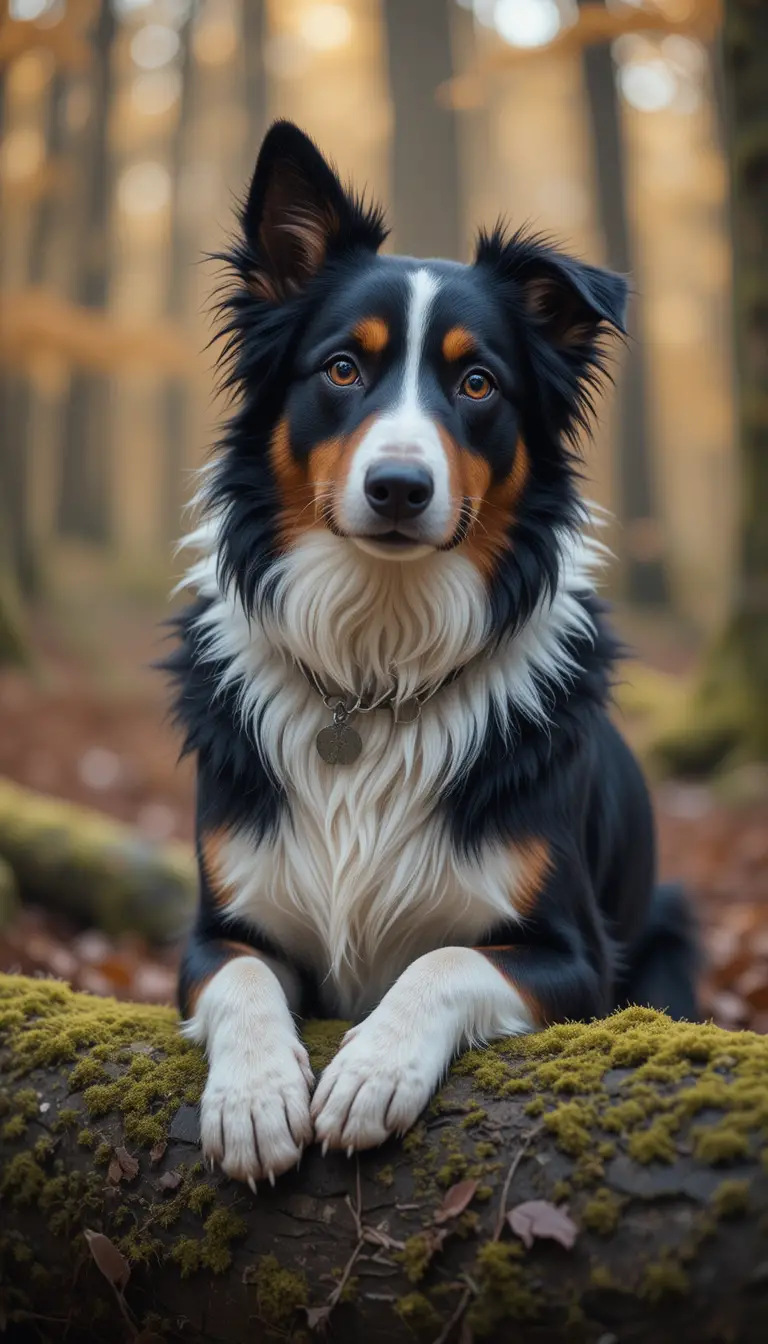 Border collie curioso descansando sobre un tronco cubierto de musgo en el bosque