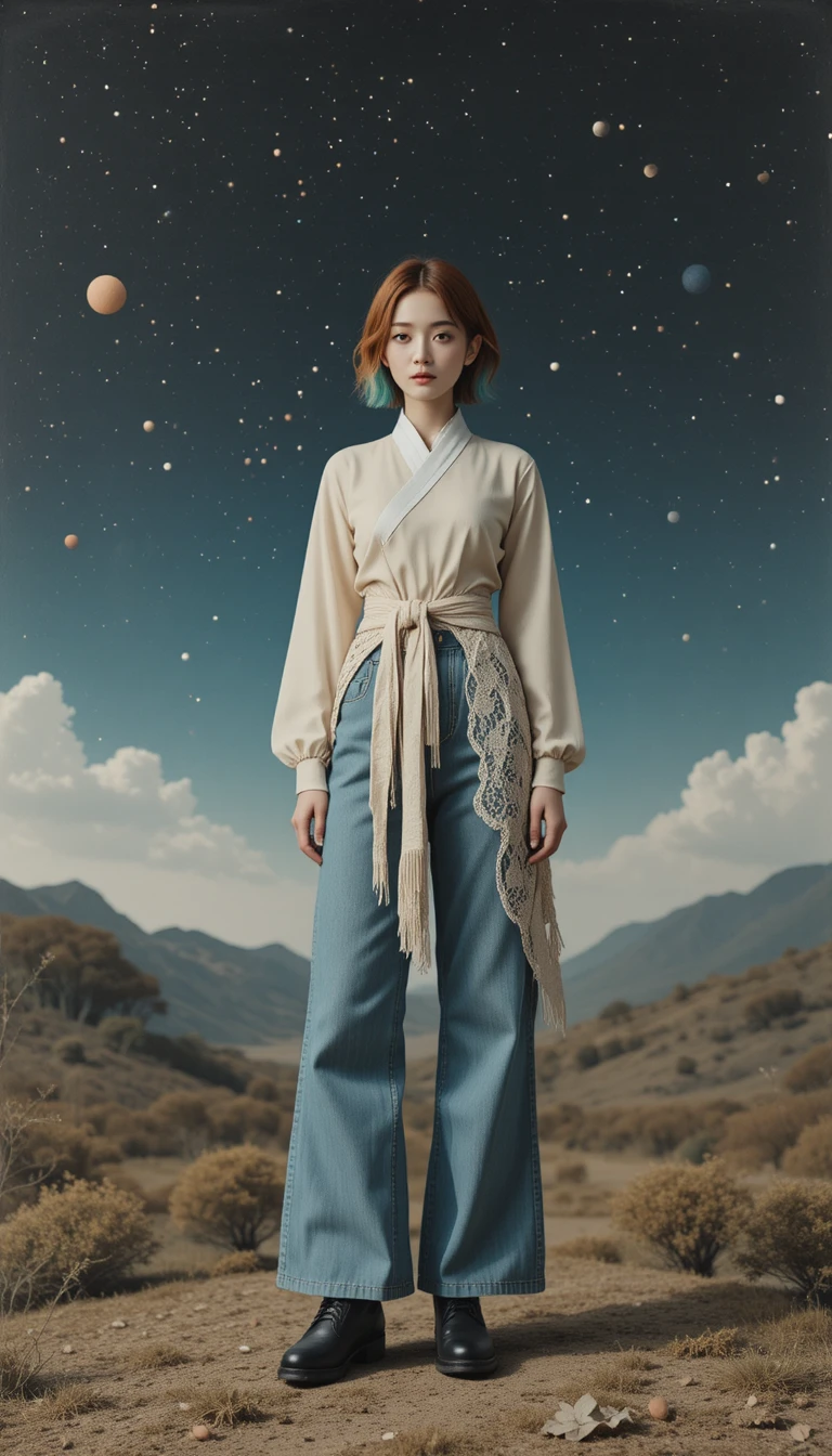 Woman in modern hanbok and jeans in surreal fantasy scene